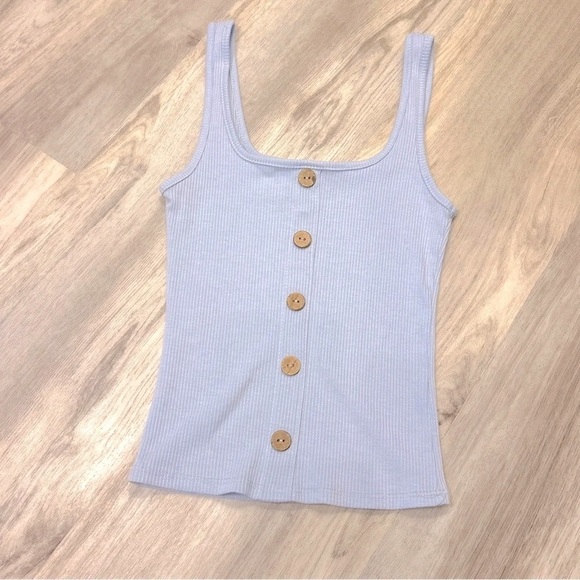 Buckle Caution To The Wind Baby Blue Ribbed Knit Wooden Button Square Neck Tank - Picture 1 of 4